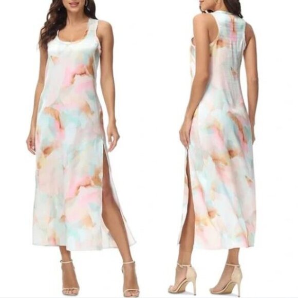 Frye Dresses & Skirts - Frye | NEW Watercolor Pastel Lela Satin Scoop-Neck Side-Slit Maxi Dress - Size M